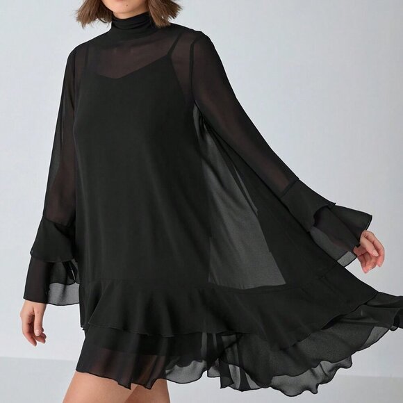 Black Casual Women's Romantic Elegant Chiffon Long-Sleeve ruffled hem dress - Picture 4 of 8